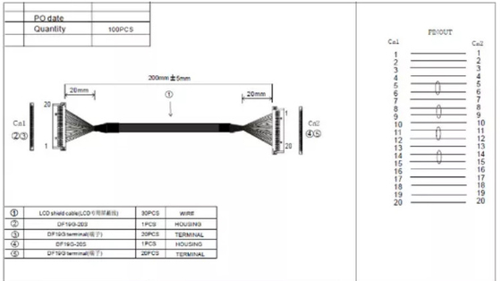 0.3mm LVDS Draaduitrusting 30AWG 20 Pin Cable Laptop Screen